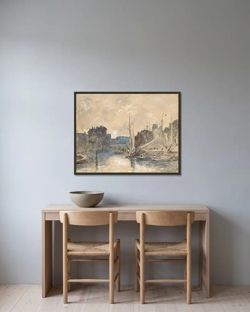 Rotterdams hamn av Eugène Boudin inramad på en vägg