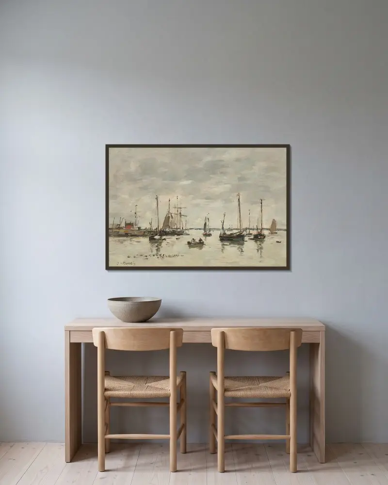 Hamn, tidvatten av Eugène Boudin inramad på en vägg