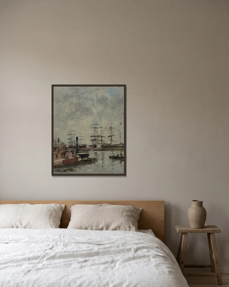 Hamn, fartyg vid kaj av Eugène Boudin inramad på en vägg