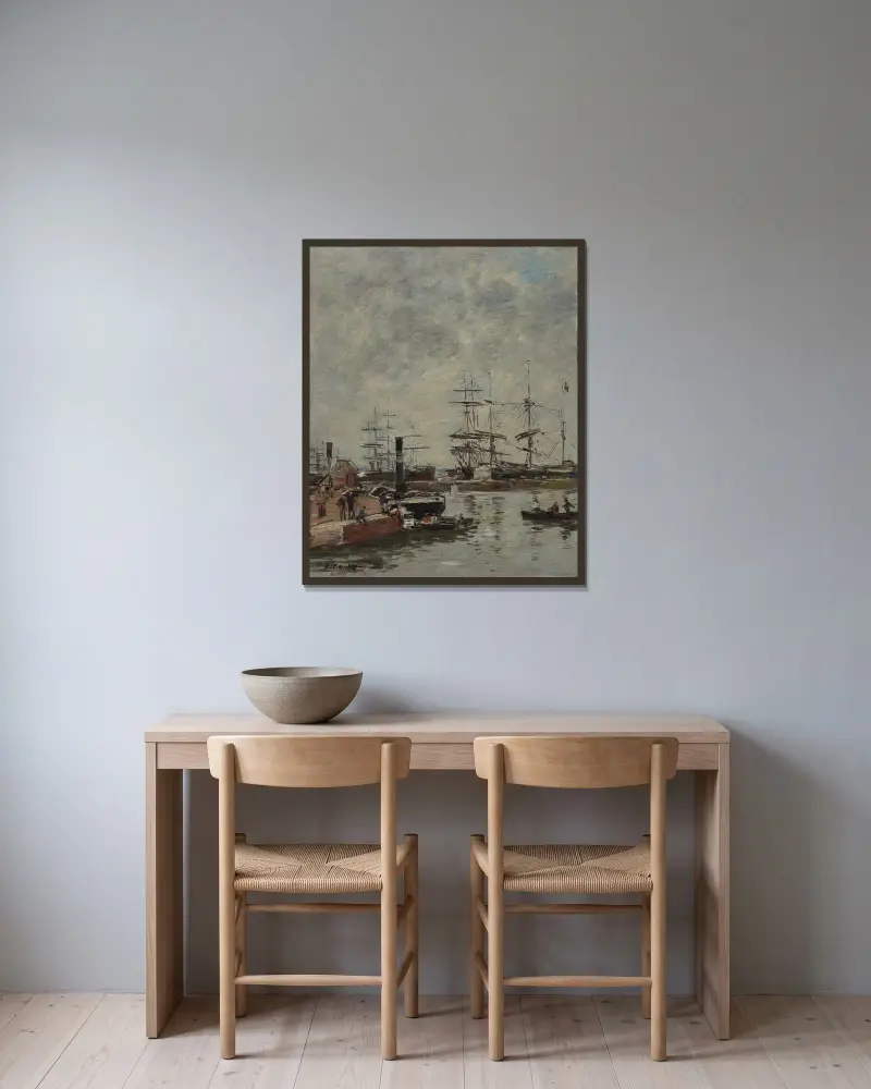 Hamn, fartyg vid kaj av Eugène Boudin inramad på en vägg