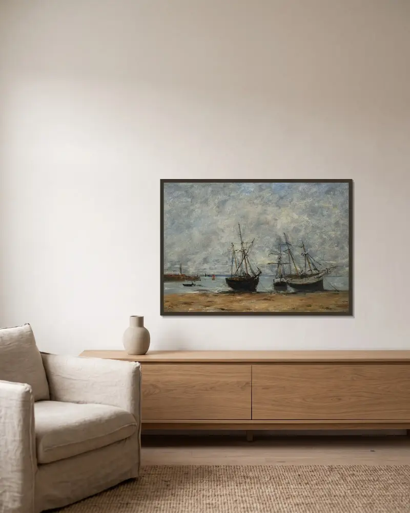 Portrieux, hamnen vid lågvatten av Eugène Boudin inramad på en vägg