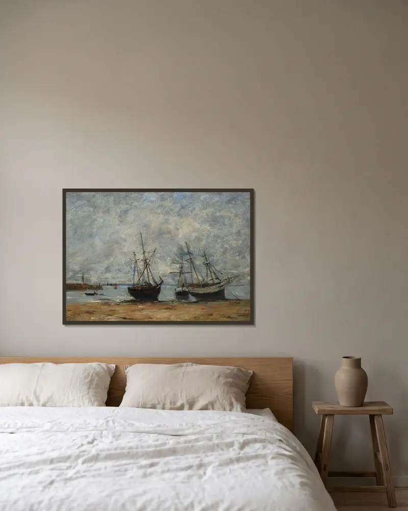 Portrieux, hamnen vid lågvatten av Eugène Boudin inramad på en vägg