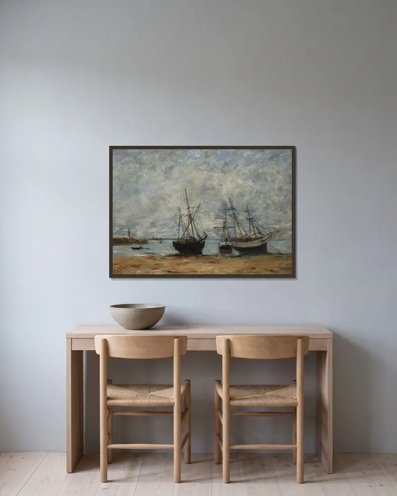 Portrieux, hamnen vid lågvatten av Eugène Boudin inramad på en vägg