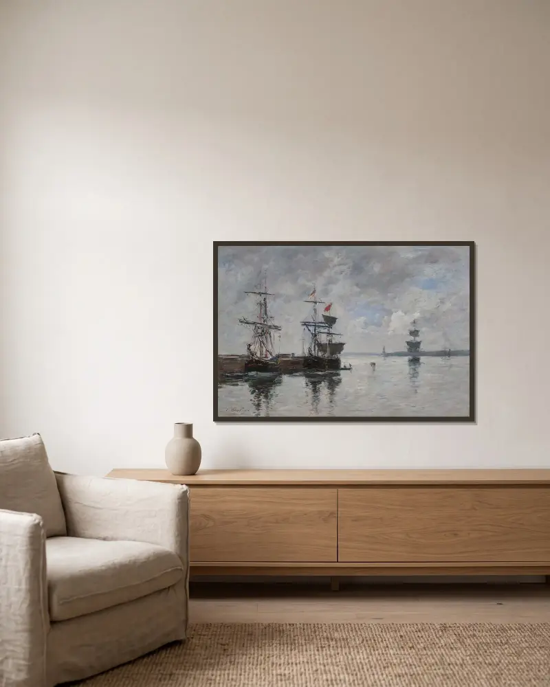 Portrieux, segelbåtar vid kaj av Eugène Boudin inramad på en vägg