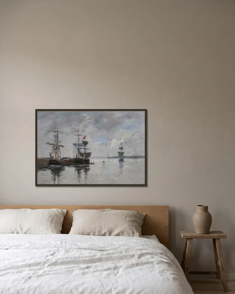 Portrieux, segelbåtar vid kaj av Eugène Boudin inramad på en vägg