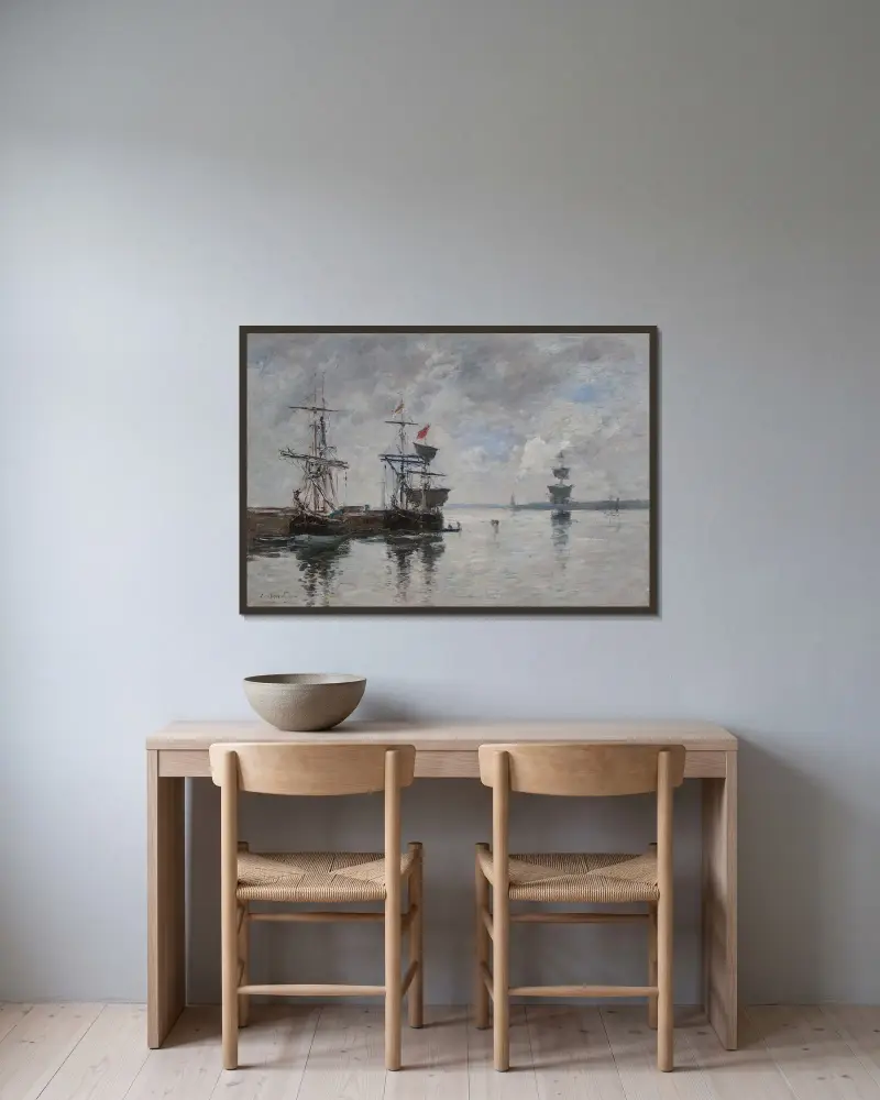 Portrieux, segelbåtar vid kaj av Eugène Boudin inramad på en vägg