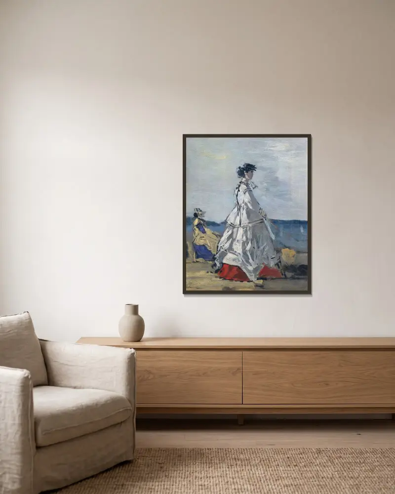 Prinsessan Pauline Metternich på stranden av Eugène Boudin inramad på en vägg