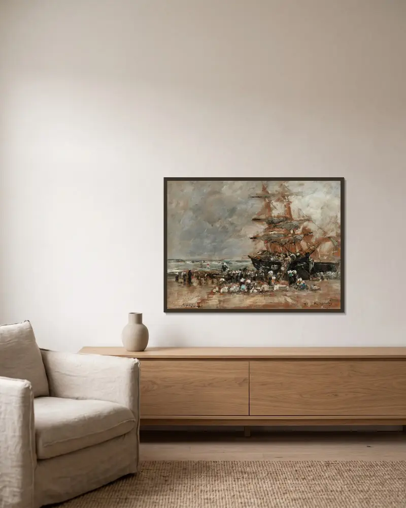 Fiskebåtens återkomst till Portrieux av Eugène Boudin inramad på en vägg