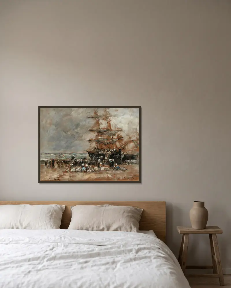 Fiskebåtens återkomst till Portrieux av Eugène Boudin inramad på en vägg