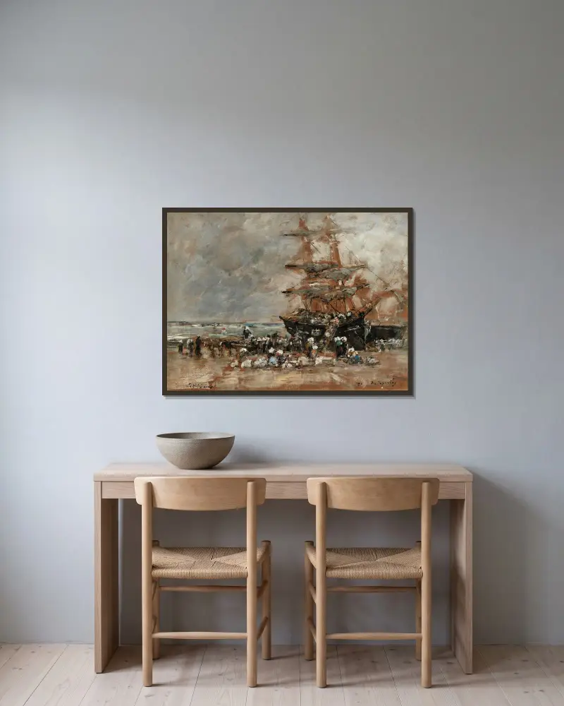 Fiskebåtens återkomst till Portrieux av Eugène Boudin inramad på en vägg