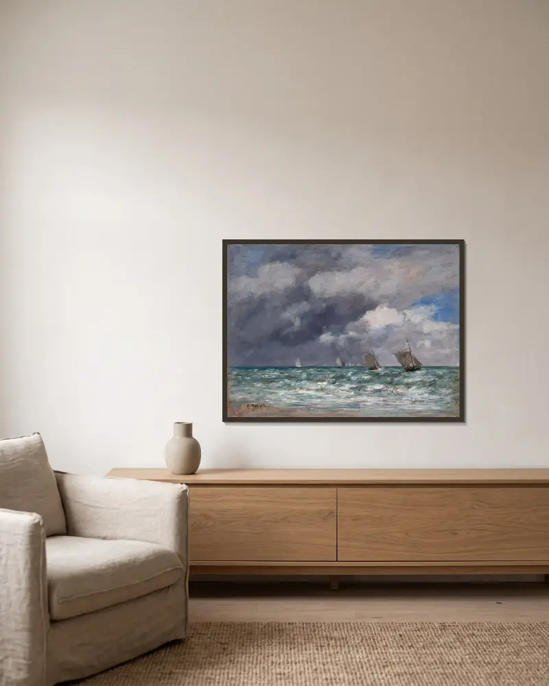 Segelbåtar nära Trouville av Eugène Boudin inramad på en vägg