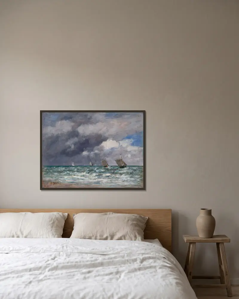 Segelbåtar nära Trouville av Eugène Boudin inramad på en vägg