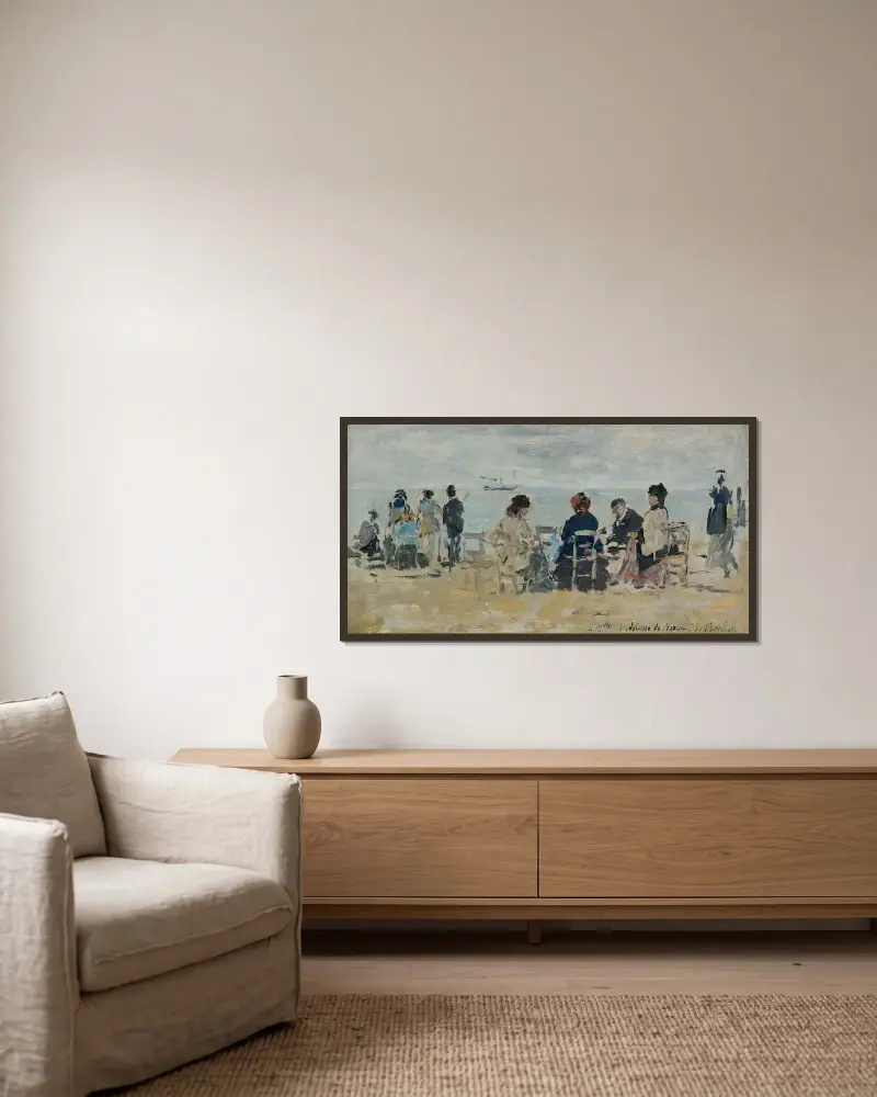 Strandscen av Eugène Boudin inramad på en vägg
