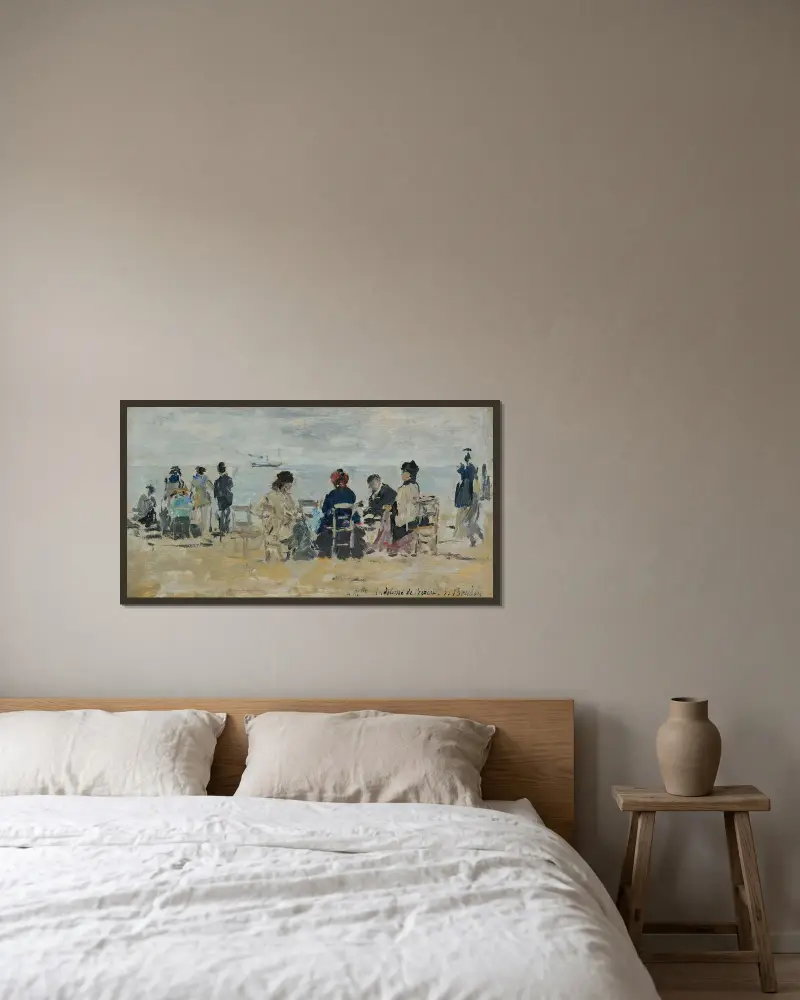Strandscen av Eugène Boudin inramad på en vägg