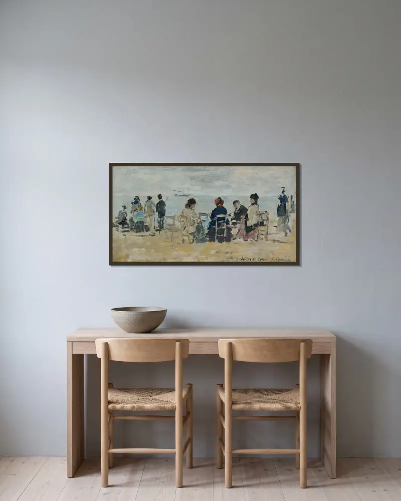Strandscen av Eugène Boudin inramad på en vägg