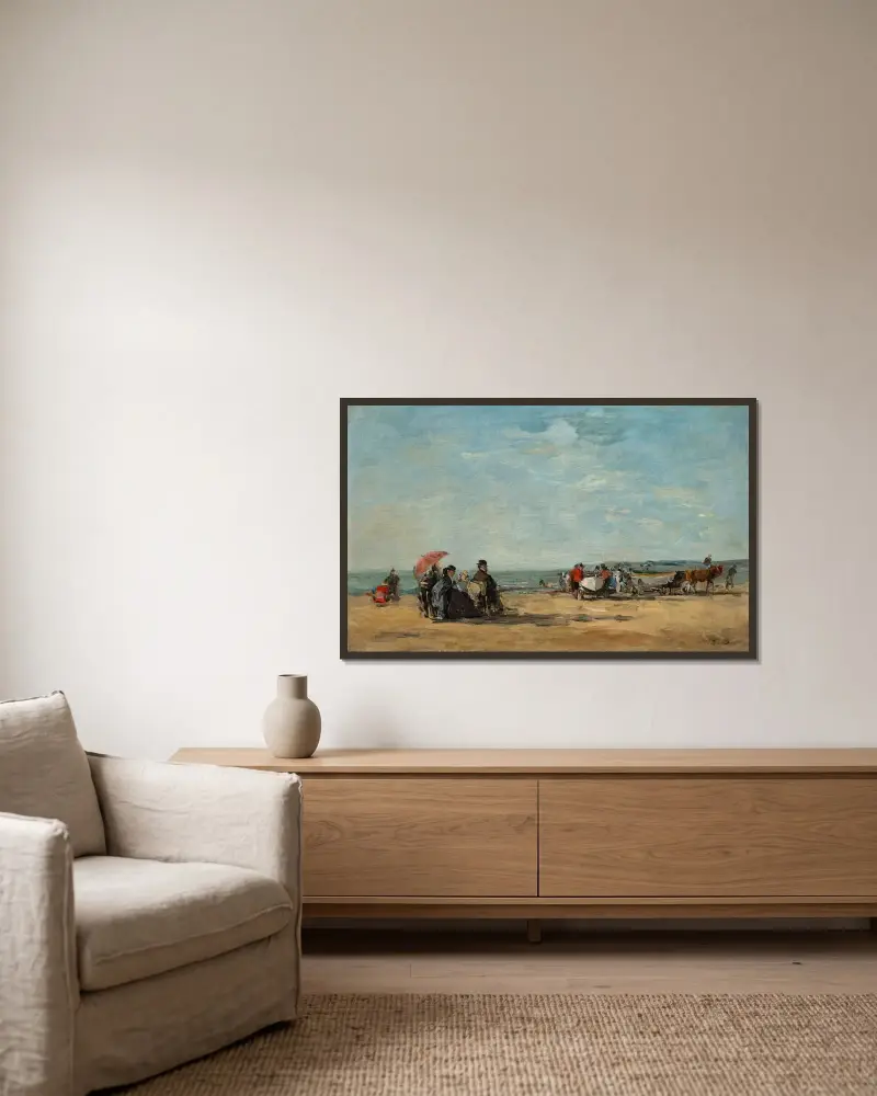 Strandscen av Eugène Boudin inramad på en vägg