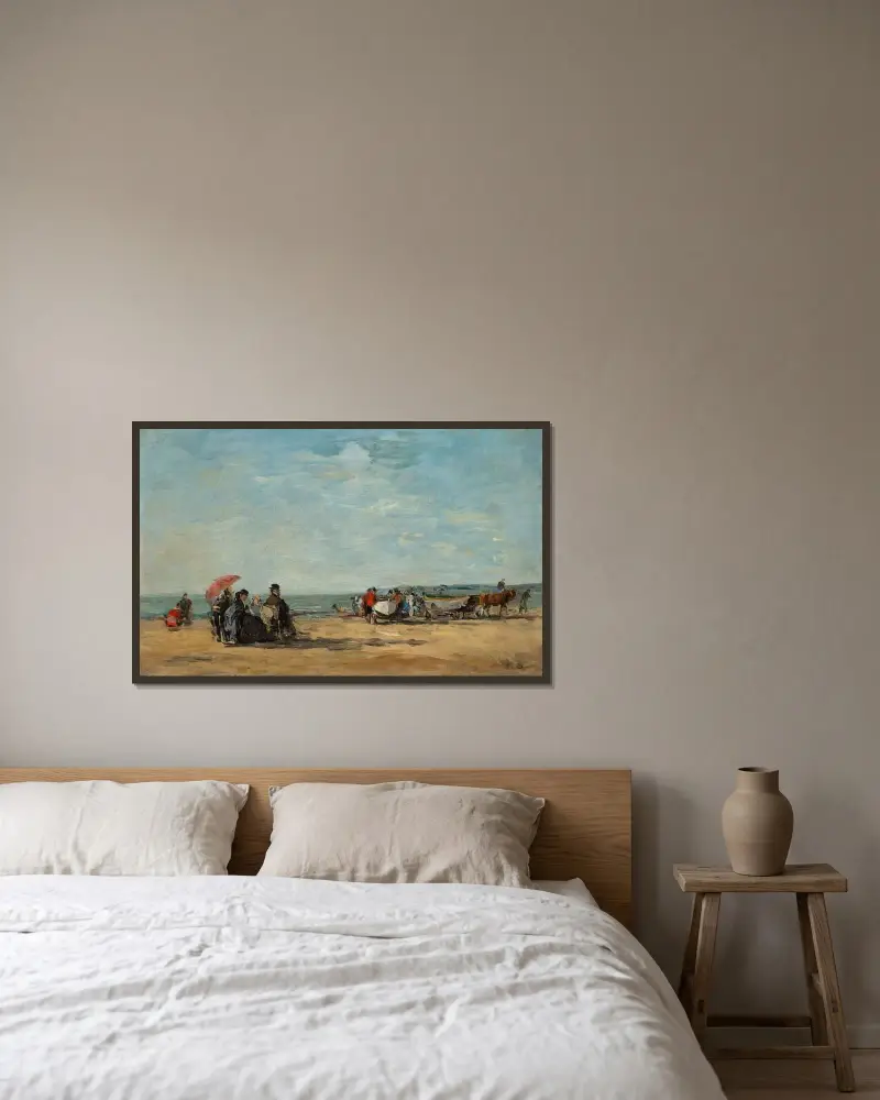 Strandscen av Eugène Boudin inramad på en vägg