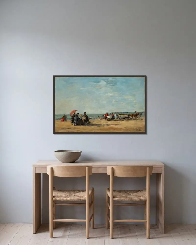 Strandscen av Eugène Boudin inramad på en vägg