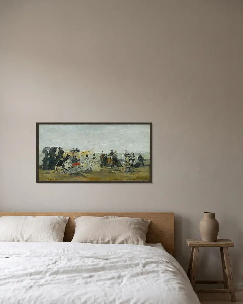 Strandscen från Trouville av Eugène Boudin inramad på en vägg