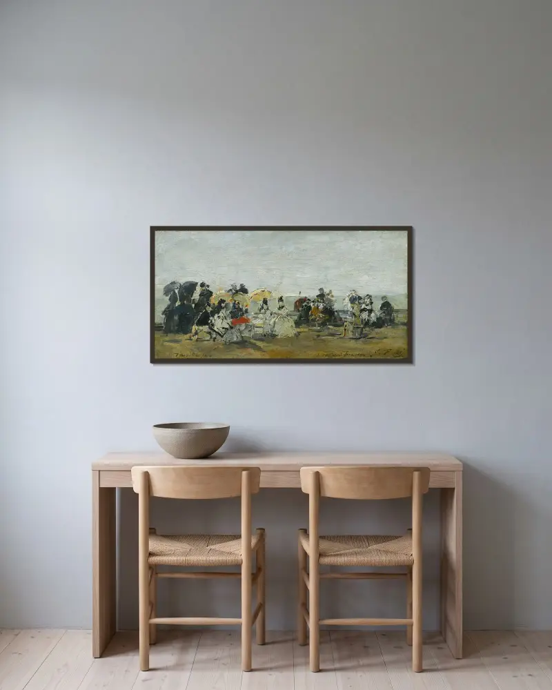Strandscen från Trouville av Eugène Boudin inramad på en vägg