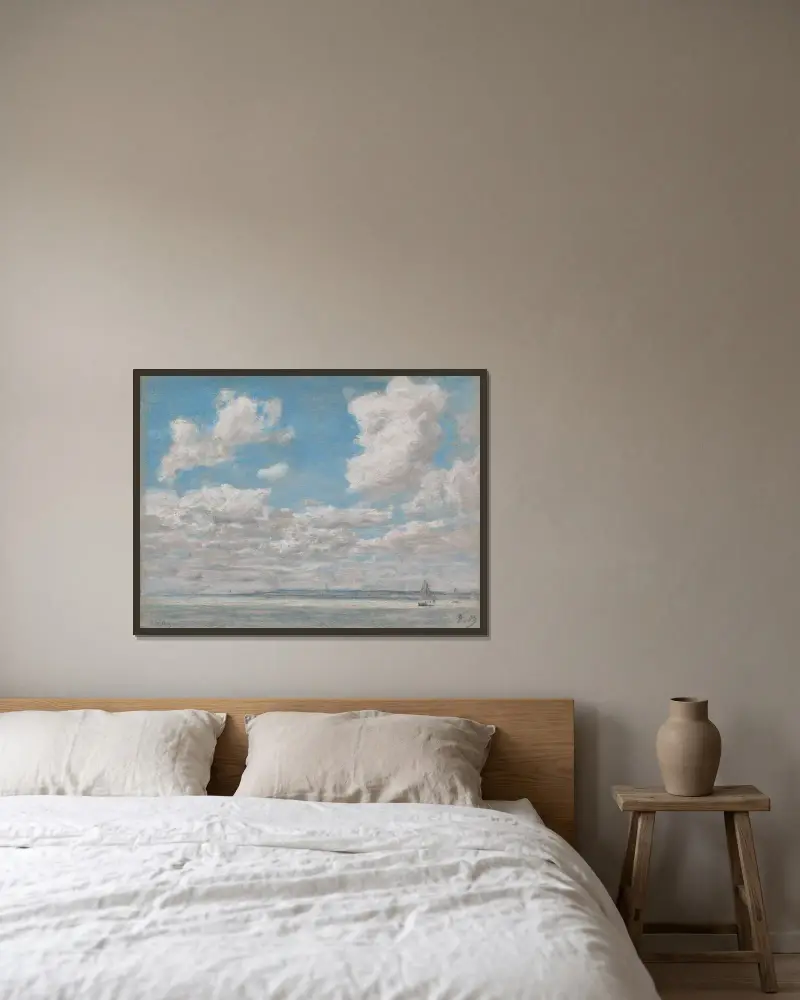 Havsutsikt med öppen himmel av Eugène Boudin inramad på en vägg