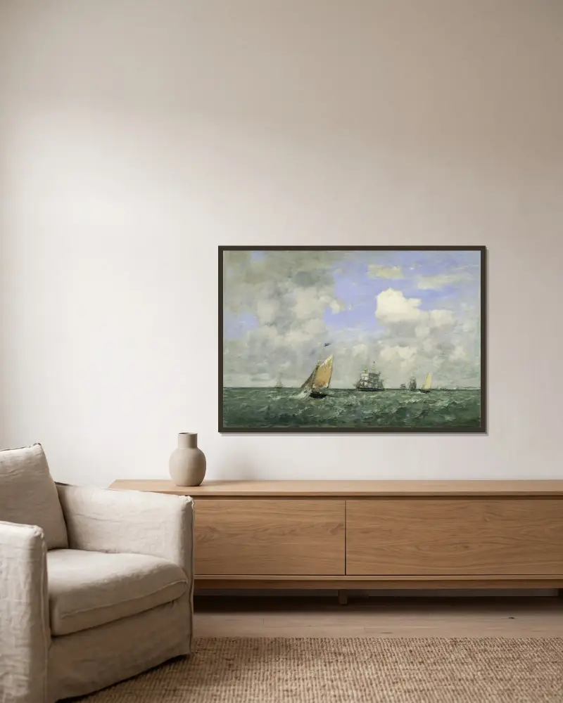 Fartyg och segelbåtar lämnar Le Havre av Eugène Boudin inramad på en vägg
