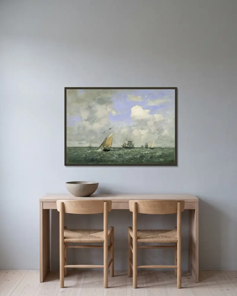 Fartyg och segelbåtar lämnar Le Havre av Eugène Boudin inramad på en vägg