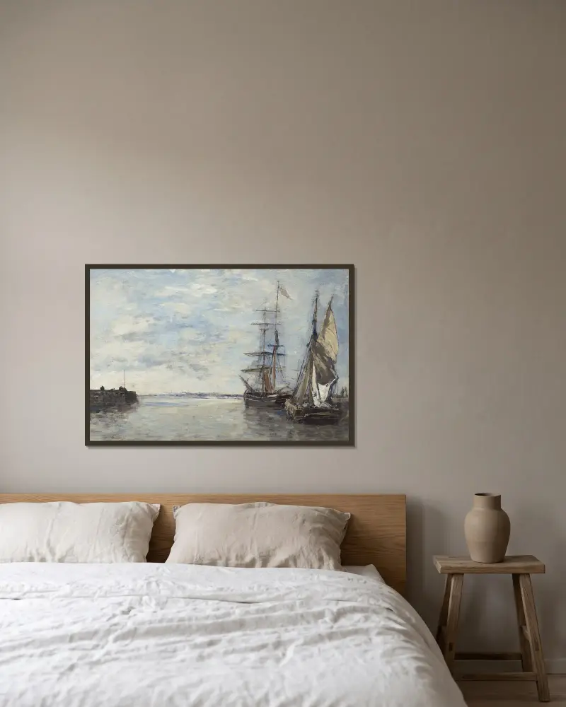 Hamnutfart av Eugène Boudin inramad på en vägg