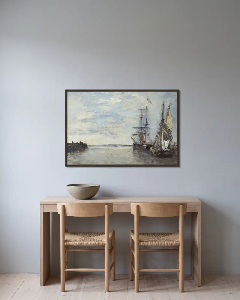 Hamnutfart av Eugène Boudin inramad på en vägg