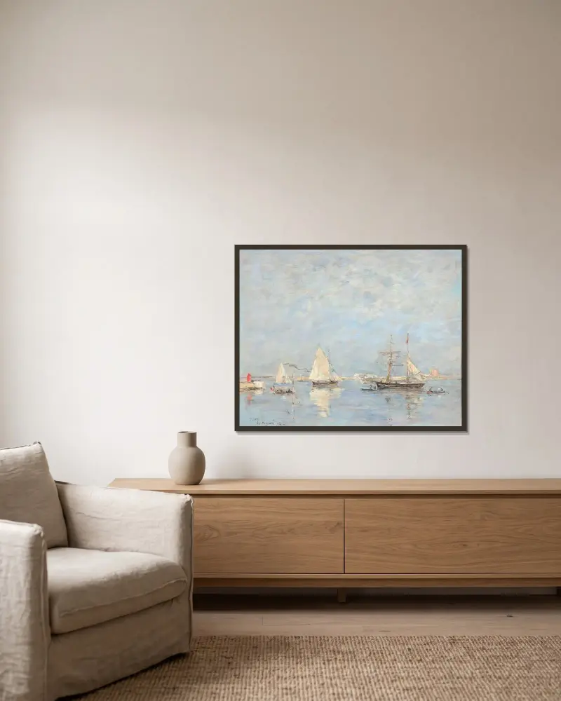Ausfahrt der Boote in Saint-Vaast-la-Hougue von Eugène Boudin gerahmt an einer Wand