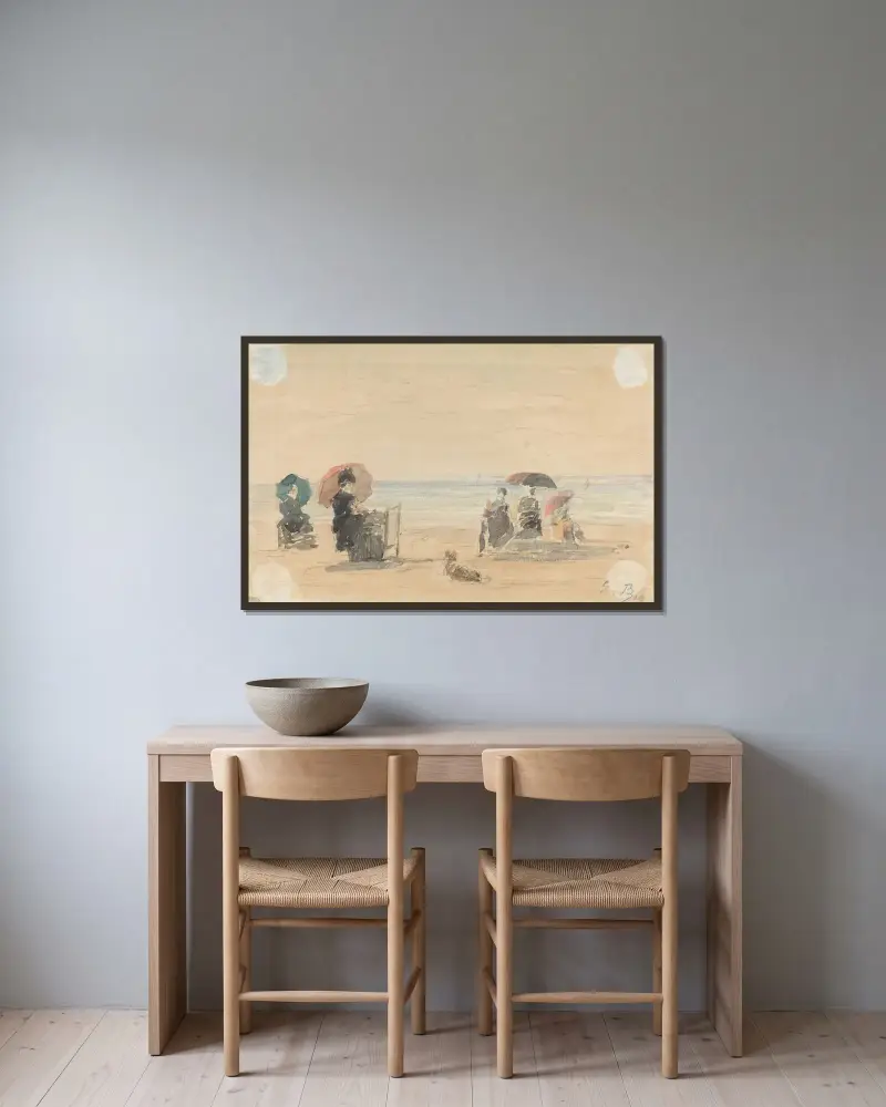 Solskydd, Trouville av Eugène Boudin inramad på en vägg