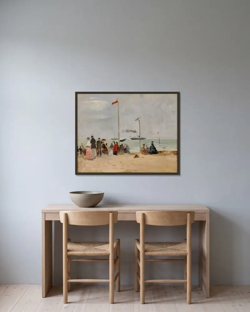 På stranden i Trouville av Eugène Boudin inramad på en vägg