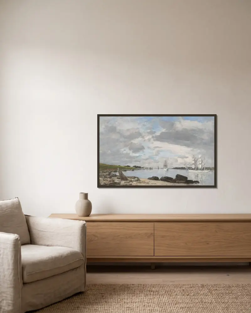Viken vid mynningen av floden Elorn, Landerneau av Eugène Boudin inramad på en vägg