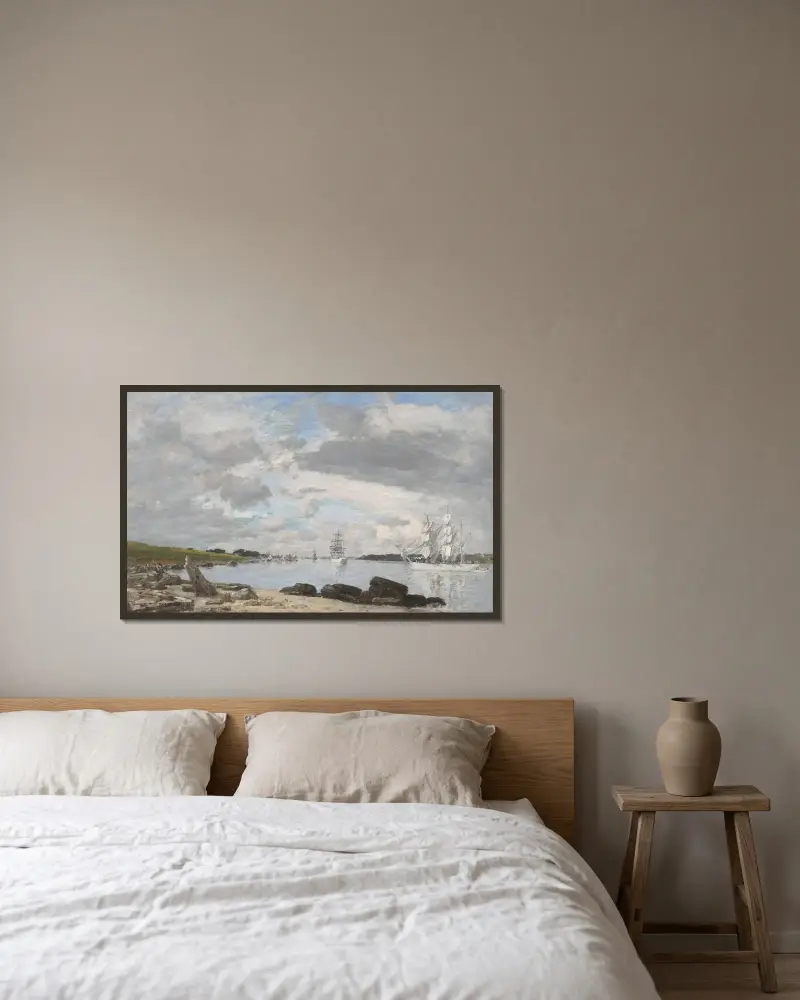 Viken vid mynningen av floden Elorn, Landerneau av Eugène Boudin inramad på en vägg