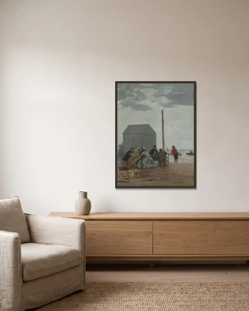 Stranden i Deauville av Eugène Boudin inramad på en vägg