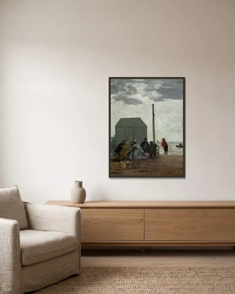 The Beach at Deauville av Eugène Boudin inramad på en vägg