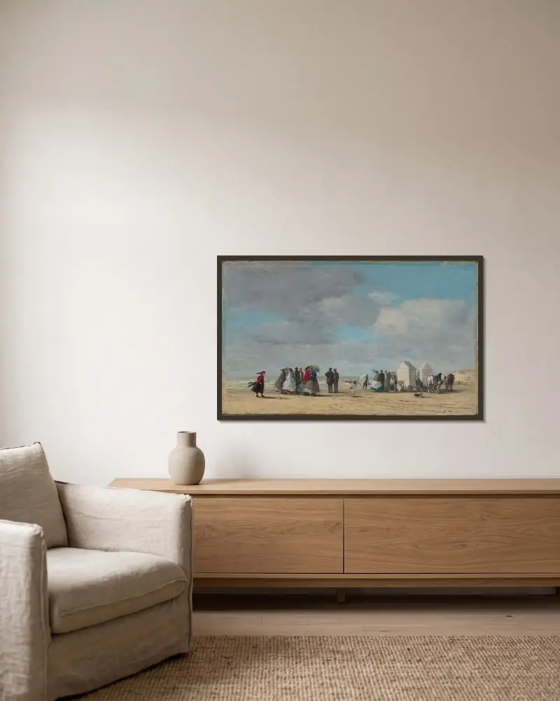 Stranden i Trouville av Eugène Boudin inramad på en vägg