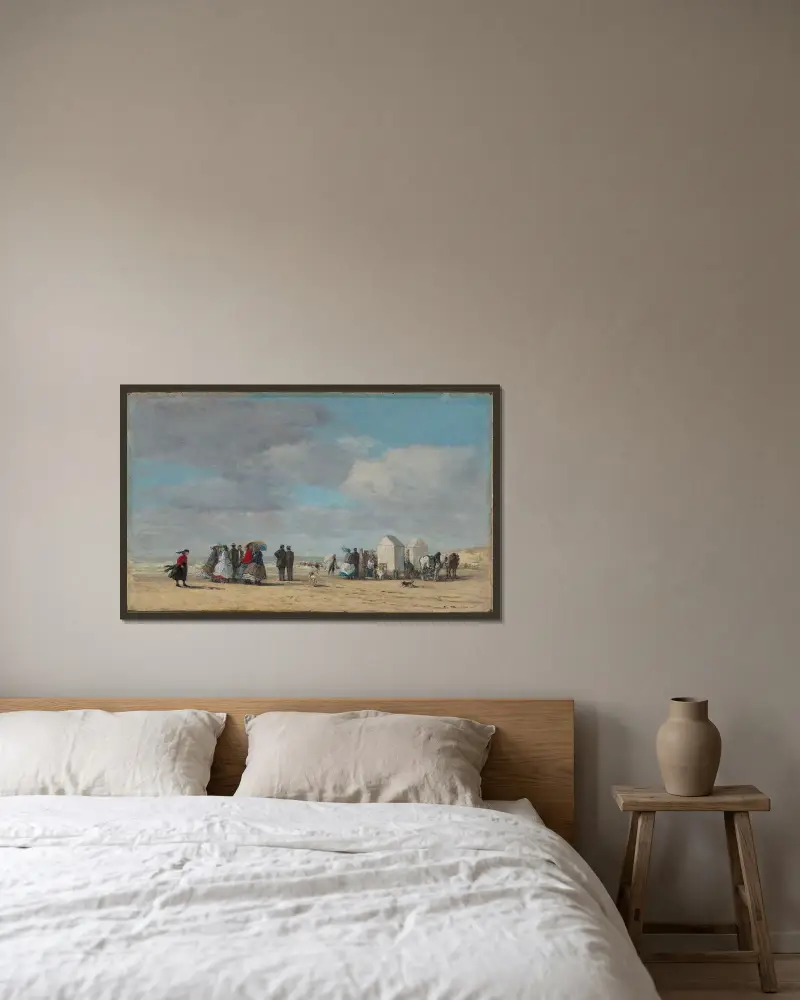 Stranden i Trouville av Eugène Boudin inramad på en vägg