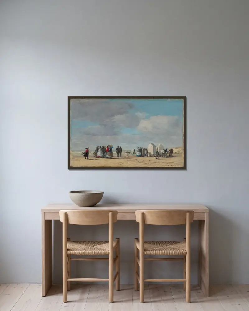 Stranden i Trouville av Eugène Boudin inramad på en vägg