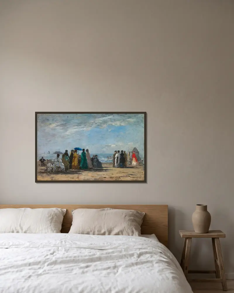 Stranden i Trouville av Eugène Boudin inramad på en vägg