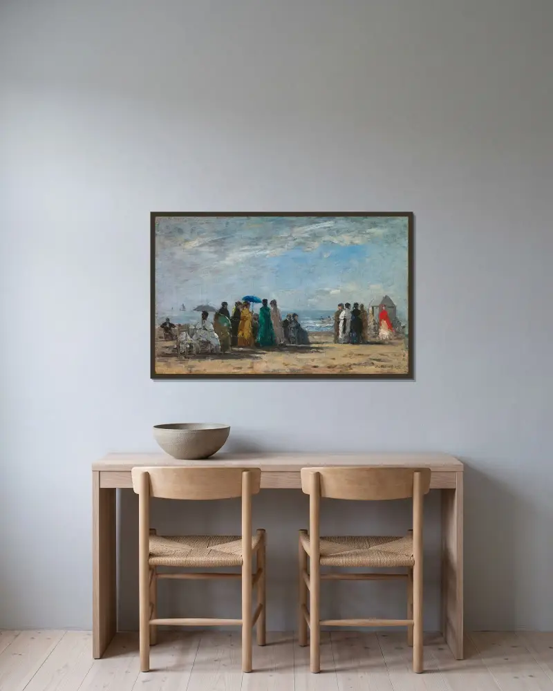 Stranden i Trouville av Eugène Boudin inramad på en vägg