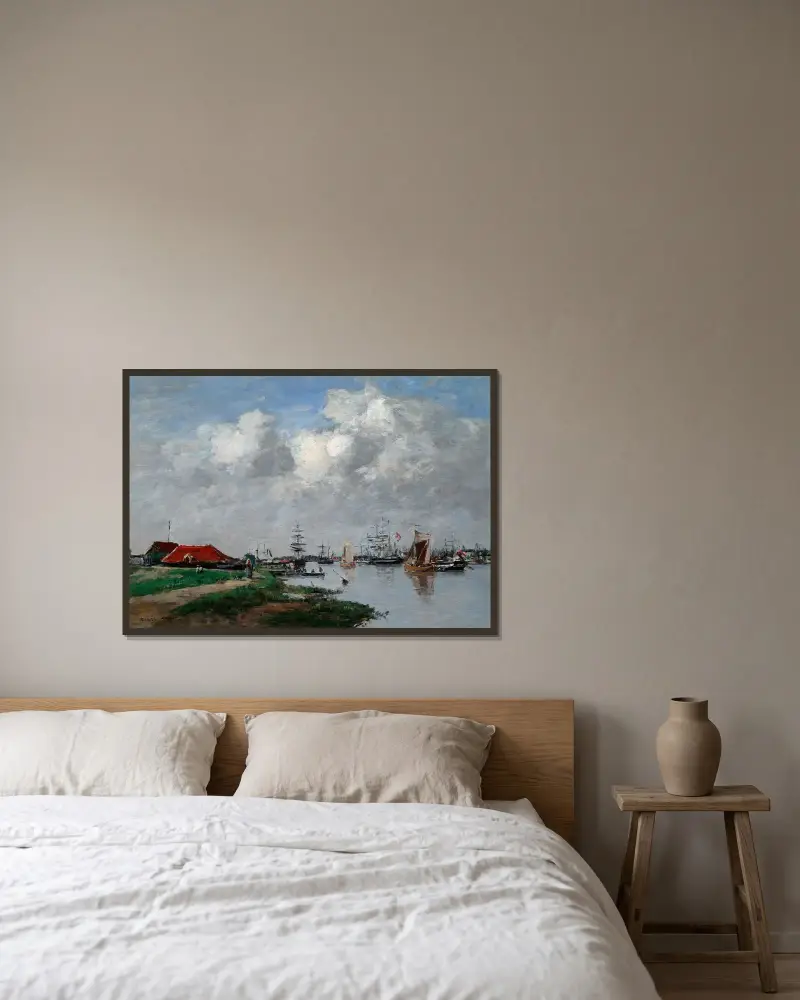 Escaut-floden i Antwerpen av Eugène Boudin inramad på en vägg