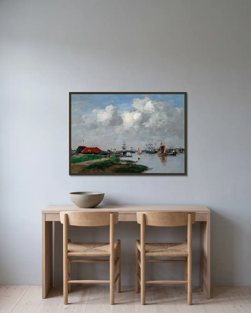 Escaut-floden i Antwerpen av Eugène Boudin inramad på en vägg