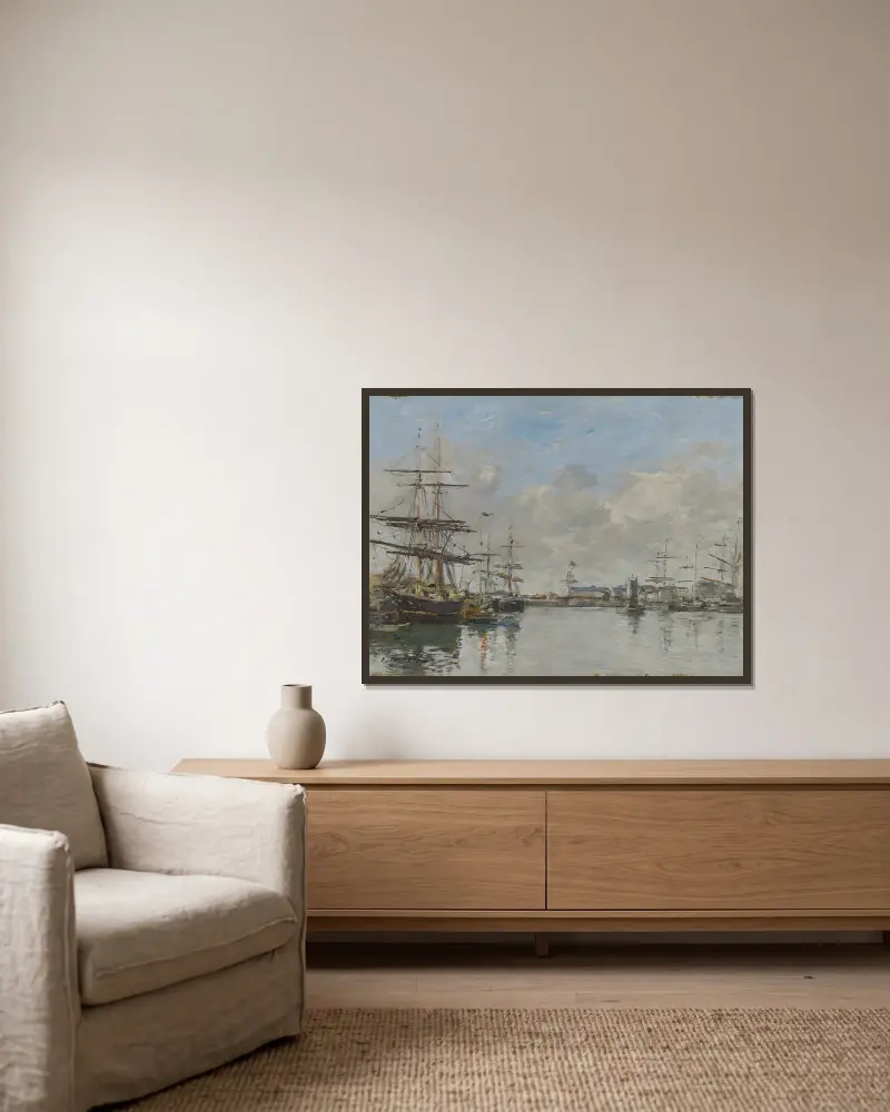 The Harbor of Le Havre av Eugène Boudin inramad på en vägg
