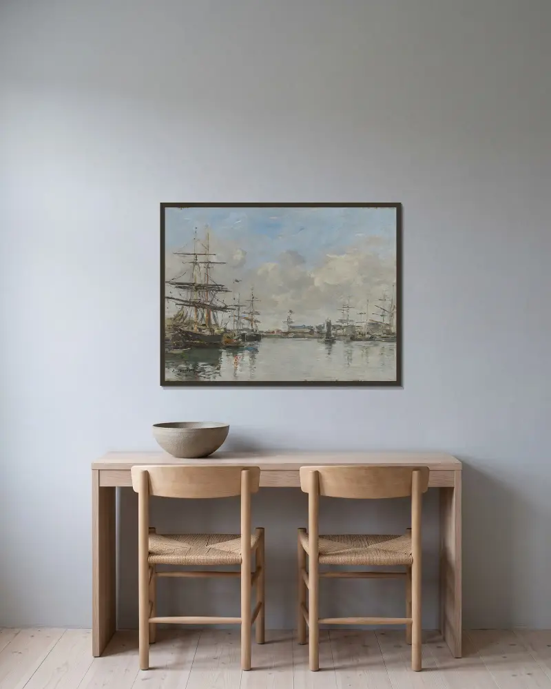 The Harbor of Le Havre av Eugène Boudin inramad på en vägg