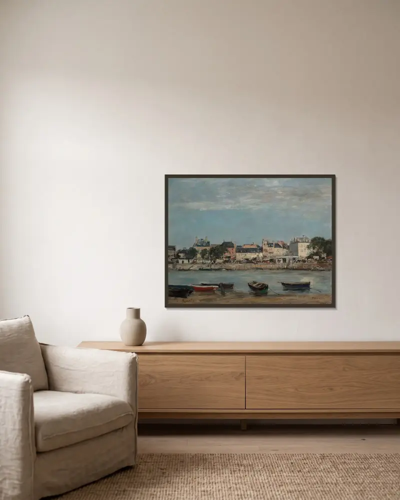 Hamnen i Trouville av Eugène Boudin inramad på en vägg