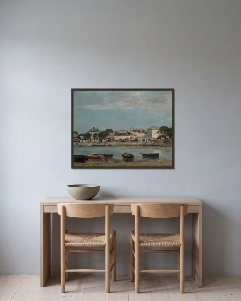 Hamnen i Trouville av Eugène Boudin inramad på en vägg