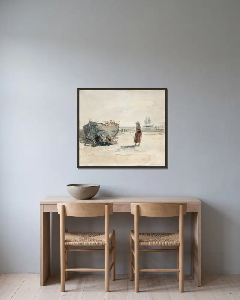 Tre kvinnor på stranden av Eugène Boudin inramad på en vägg