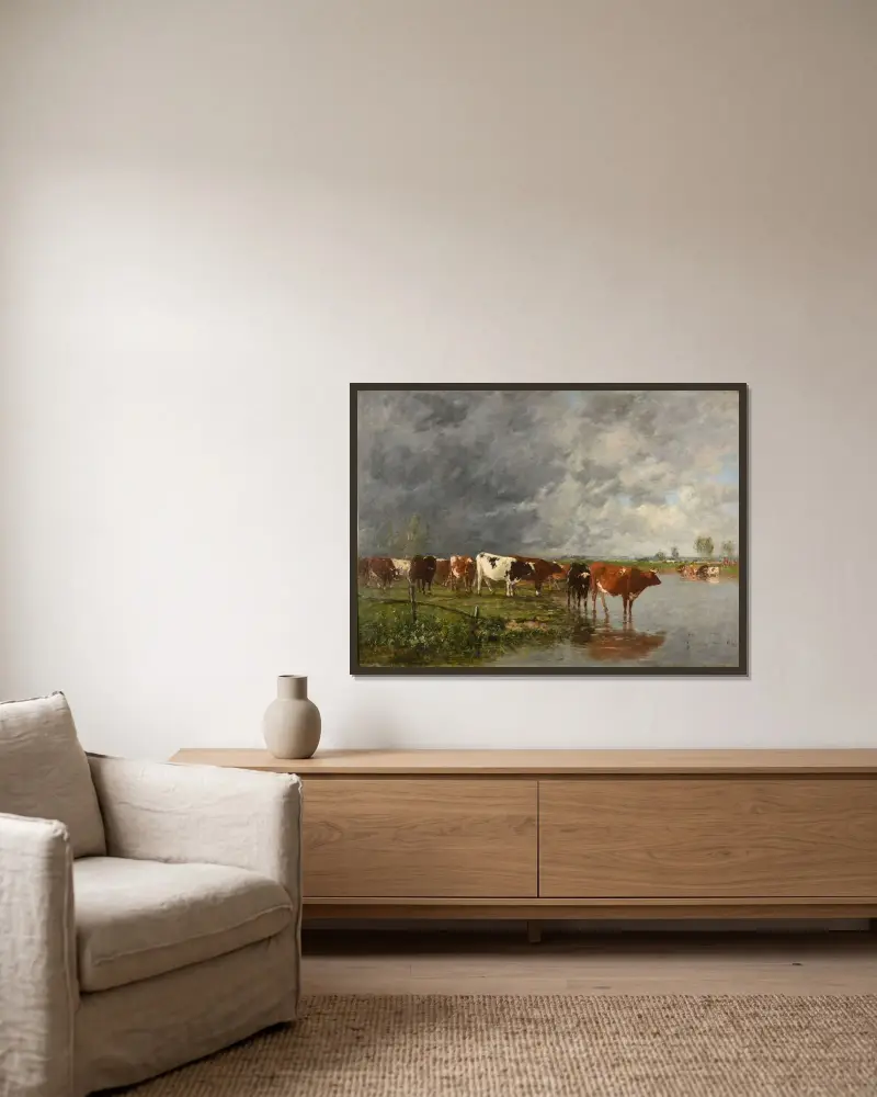 Hjord som vattnas av Eugène Boudin inramad på en vägg
