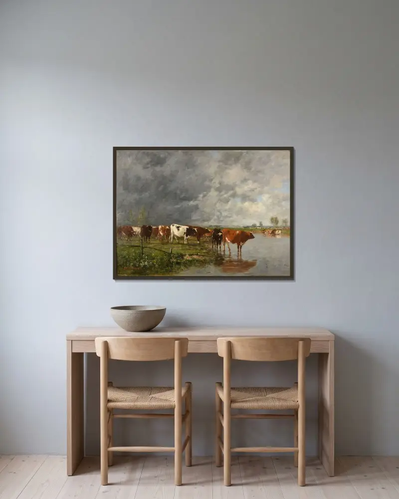 Hjord som vattnas av Eugène Boudin inramad på en vägg